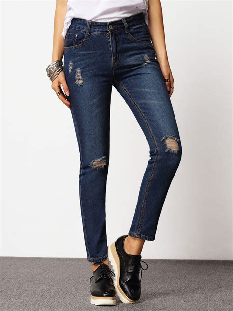 Blue Ripped Denim Casual Pant SheIn Sheinside