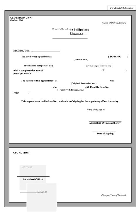 CS Form No 33 A Revised 2018 Appointment Form Regulated CS Form No