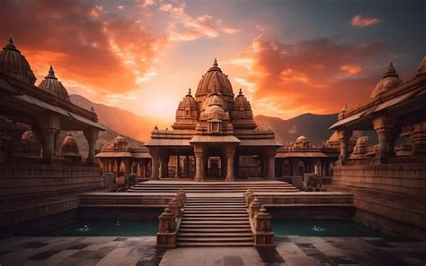 A Temple In The Sunset With The Sun Setting Behind It Premium Ai