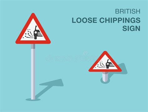 Isolated British Loose Chippings Road Sign Front And Top View Stock