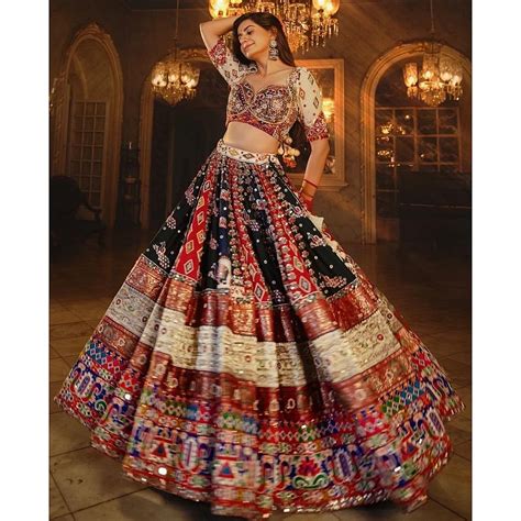 Multicolor Cotton Print And Mirror Work Gujarati Garba Navratri Lehenga