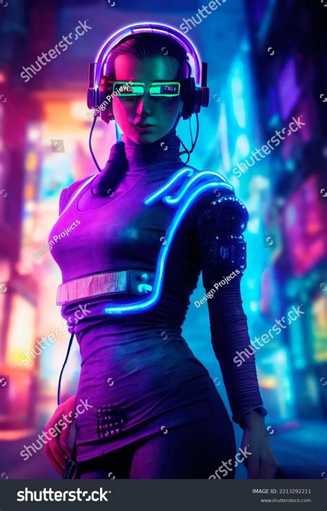 Fictional Portrait Scifi Cyberpunk Girl Hightech Stock Illustration