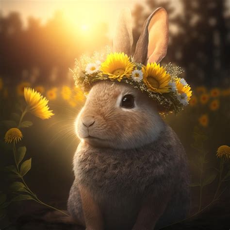 Premium Ai Image Cute Bunny With Flower Crown Close Up View Generative Ai