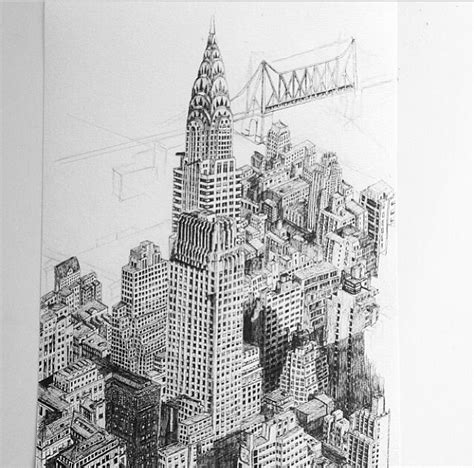 A Pencil Drawing Of A Cityscape With A Bridge In The Background And