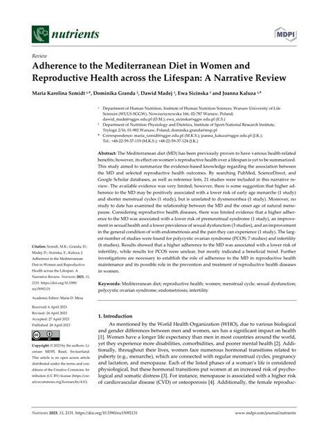 Pdf Adherence To The Mediterranean Diet In Women And Reproductive