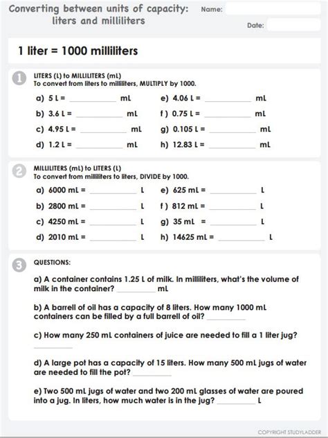 Milliliters To Liters Conversion Worksheet Liters Milliliter