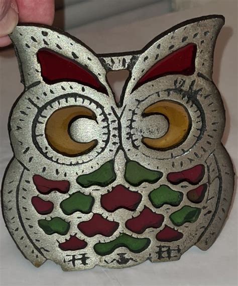 Vintage Tiffany Style Owl Metal Trivet Hot Plate W Box Nos Btvl