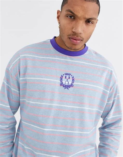 Asos Design Oversized Long Sleeve Stripe T Shirt With Chest Embroidery