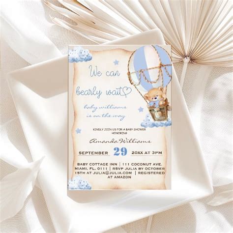 Rustic Hot Air Balloon Bear Baby Boy Shower Invitation Zazzle
