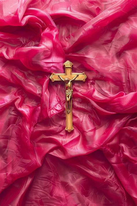 Golden Crucifix On Luxurious Red Satin Fabric Background Religious