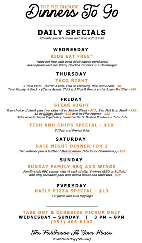 Fieldhouse Daily Specials The Fieldhouse Restaurant And Bar