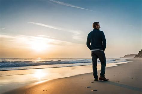 Un hombre se para en una playa con el sol poniéndose detrás de él