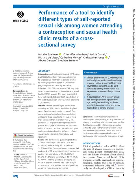 Pdf Performance Of A Tool To Identify Different Types Of Self Reported Sexual Risk Among Women