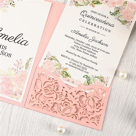 Dorishome 47x7 Inch 50pcs Personalized Pink Quinceanera Invitations