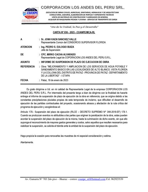 Informe N02 2023 Informe Suspension De Plazo Por Lluvias