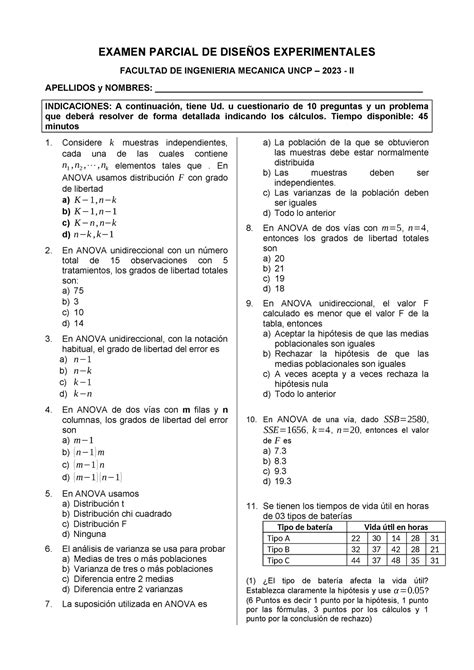 Examen 01 Propuesto 2023 2 EXAMEN PARCIAL DE DISEÑOS EXPERIMENTALES