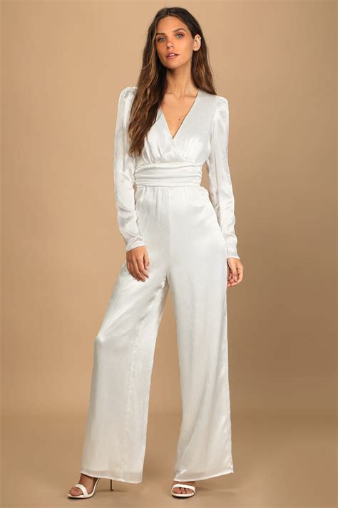 White Jumpsuit Long Sleeve Jumpsuit Surplice Jumpsuit Lulus