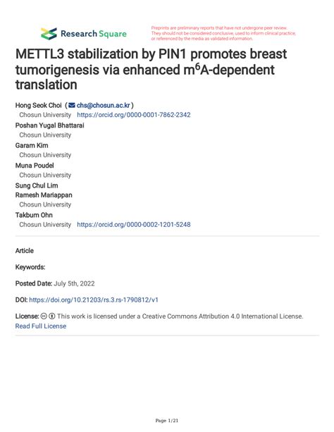 Pdf Mettl Stabilization By Pin Promotes Breast Tumorigenesis Via