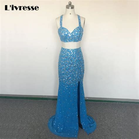 2 Piece Turquoise Prom Dresses Long Sweetheart Chiffon With Crystal