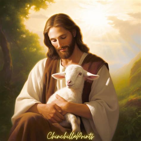 Painting Of Jesus Christ Holding A Baby Lamb Christian Art Bible Scene