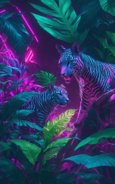 Premium Ai Image Neon Jungle Wallpaper With Exotic Plant And Animals