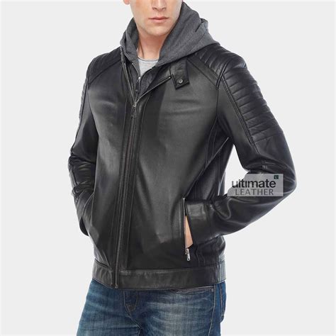 Men's Hooded Black Quilted Shoulder Lambskin Leather Jacket