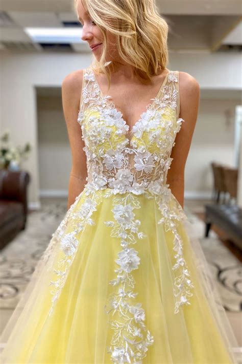 Yellow Tulle Lace Long Prom Dress Yellow Formal Dress Of Girl