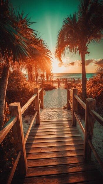 Premium Ai Image Arafed Wooden Walkway Leading To A Beach With Palm