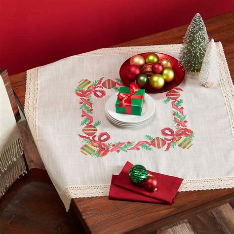 Herrschners Holiday Ornaments Table Topper With Lace Stamped Cross