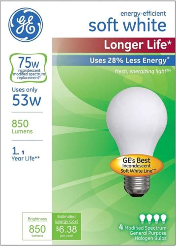 GE SOFT WHITE Incandescent 75 WATT A19 Light Bulbs USES ONLY 53w 4