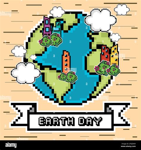 Earth Day Pixel Art Mit Text Vektor Illustration Stock Vektorgrafik