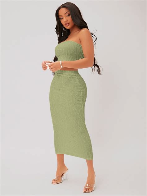 Shein Sxy Textured Crop Tube Top And Pencil Skirt Set Skirt Set