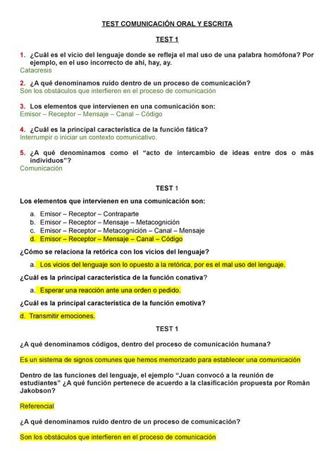 TEST Comunicación ORAL Y Escrita TEST COMUNICACIÓN ORAL Y ESCRITA