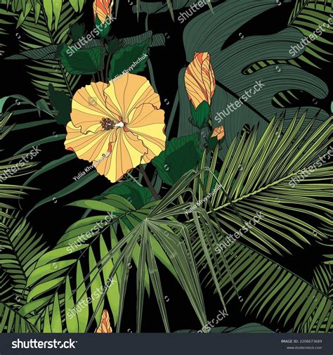 Tropical Plant Palm Leaves Hibiscus Flowers Stock Vector Royalty Free 2208673689 Shutterstock