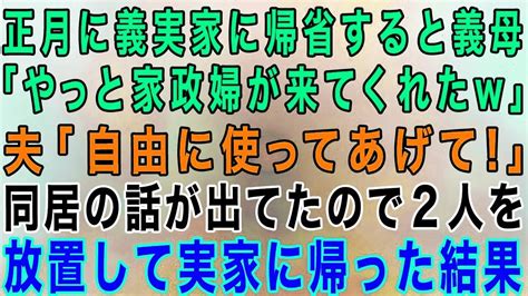 【スカッとする話】正月に義実家に帰省すると義母「やっと家政婦が来てくれたw」夫「自由に使ってあげて！お前もしっかり働けよ」→同居の話も出てたの