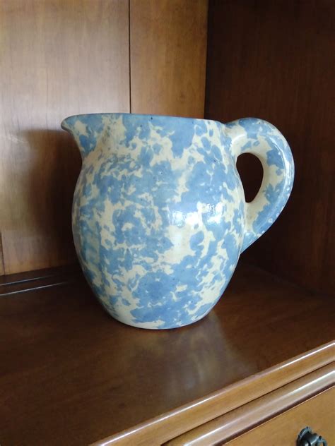 Vintage Bybee Spongeware Bb Pottery Pitcher Blue And Beige Etsy