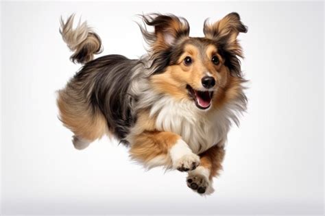 Premium AI Image | Jumping Moment Shetland Sheepdog Dog On White Background