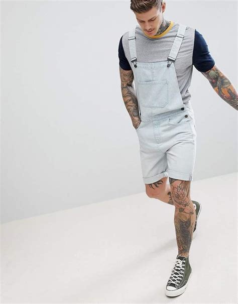 ASOS DESIGN Denim Short Overalls In Light Wash Blue Mens Outfits