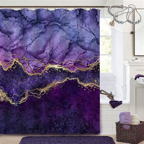 Long Fabric Shower Curtain 72 X 78 Tall Abstract Purple Gold Marble