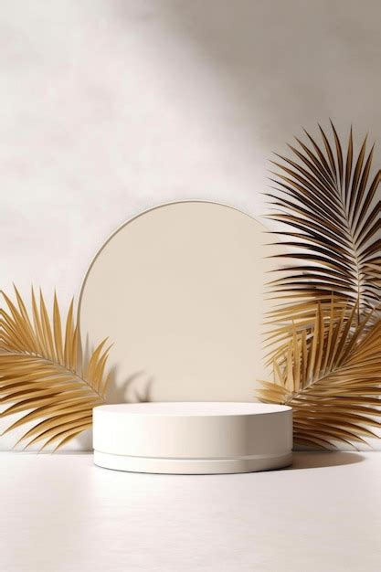 Premium AI Image Round White Podium In Sunlight Tropical Palm Leaf