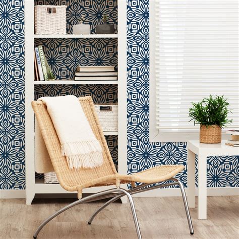 Geo Flowers Navy Peel And Stick Fabric Wallpaper Repositionable Etsy