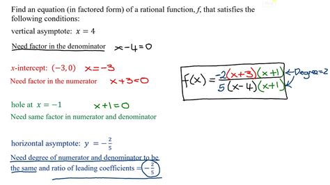 Find The Equation Of Rational Function Given Vertical And Horizontal Asymptotes Hole And X