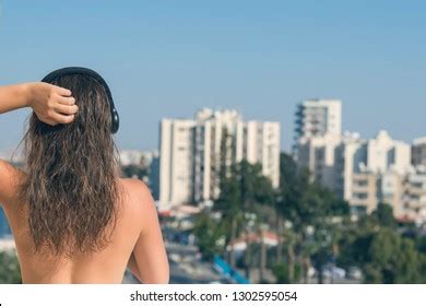 Naked Beautiful Woman Wet Hair Headphones Stock Photo 1302595054