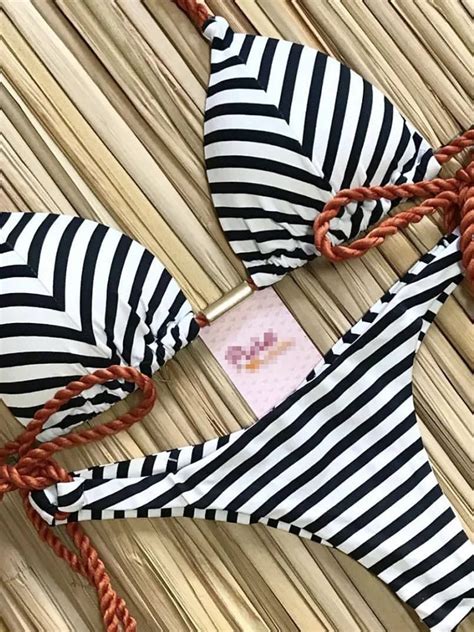 Striped Triangle Bikini Set With Rope Ties On Luulla
