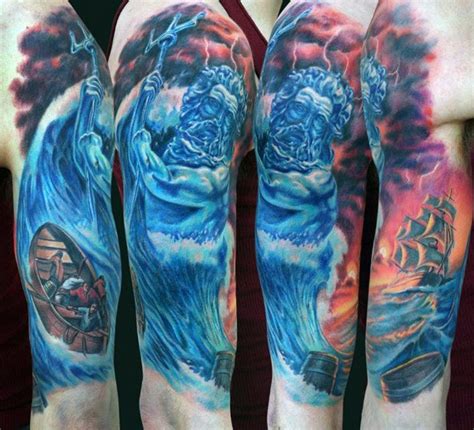 Elegant style painted and colored Poseidon God with ship tattoo on ...