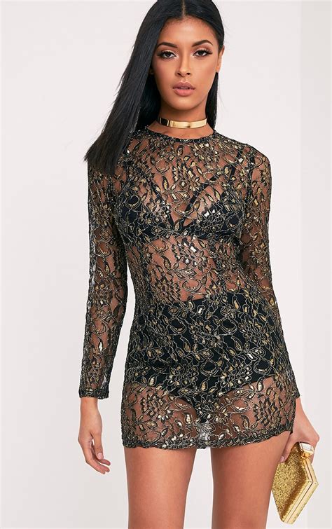 Diania Black Sheer Lace Long Sleeve Shift Dress Prettylittlething Usa