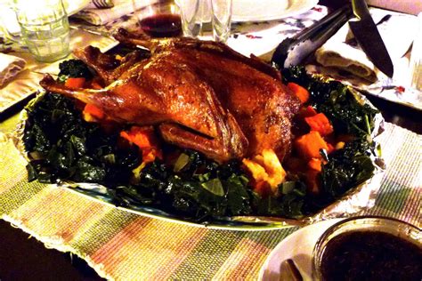 100 Mile Radius: Roast Duck with Apple Gravy, Sweet Potato Apple Dressing and Kale and Collard ...