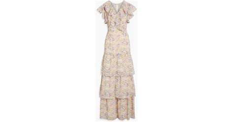 Mikael Aghal Tiered Floral Print Broderie Anglaise Maxi Dress In