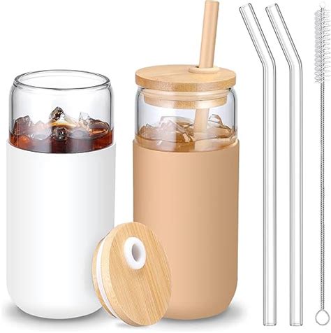 20 Oz Glass Cups With Bamboo Lids And Straws Beer Can Drinking Glasses With