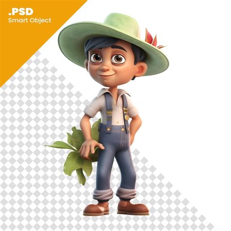 Renderización 3d de little farmer con una hoja verde en su mano